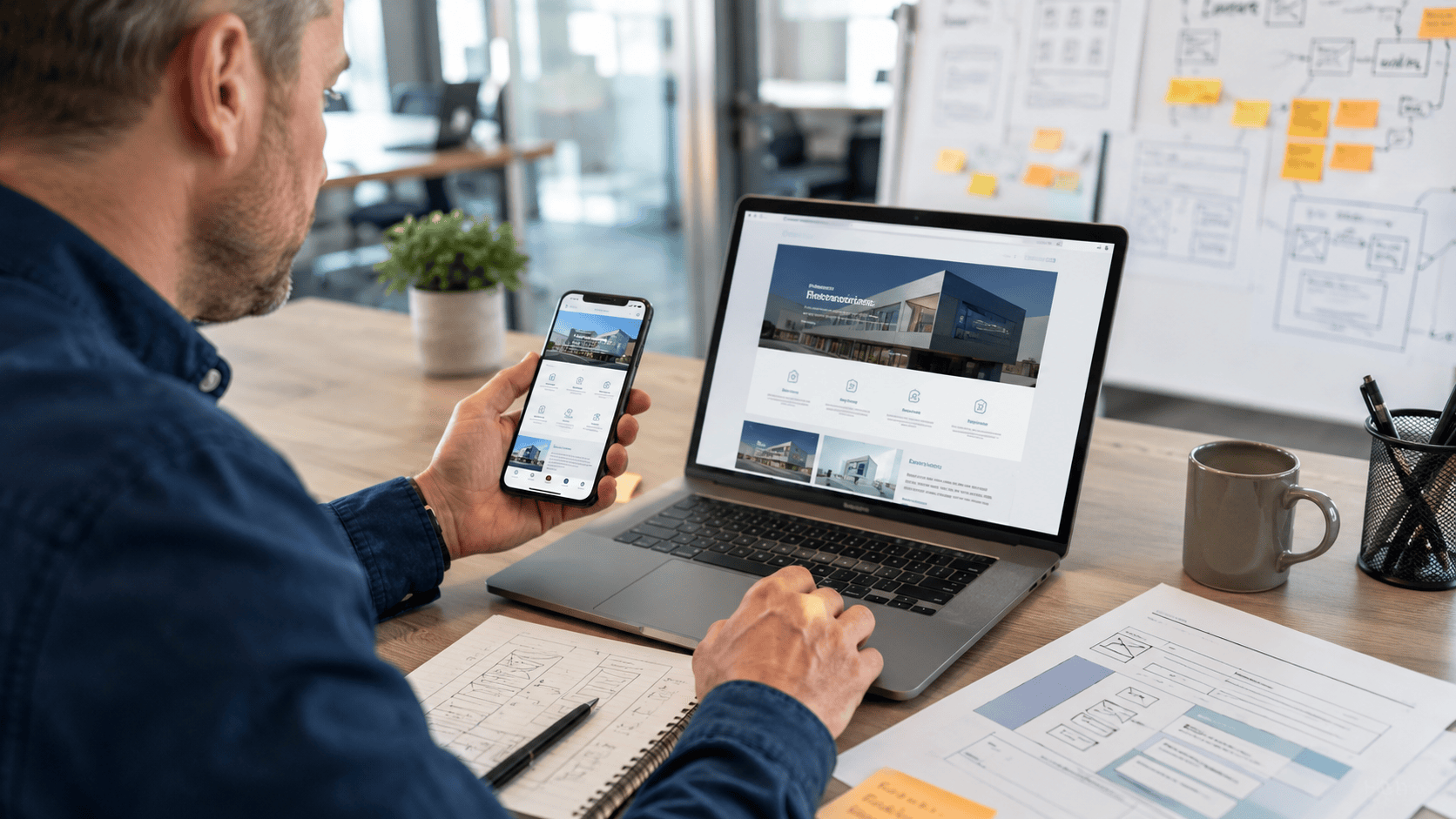 Dirigeant consultant une interface mobile reliée à son site web, avec parcours client, espace utilisateur et notifications